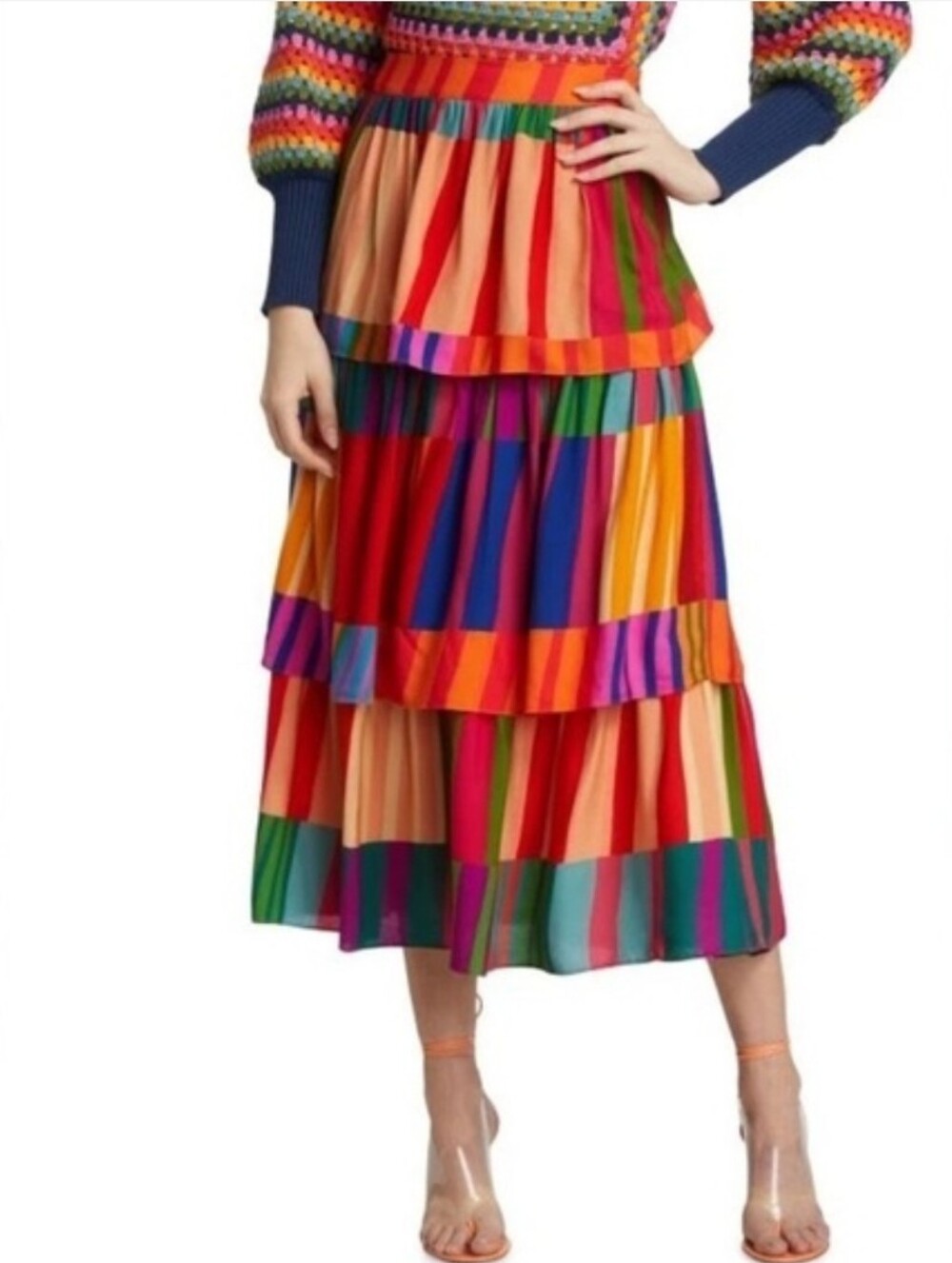 FARM Rio Bright Multistripe Tiered Midi Skirt